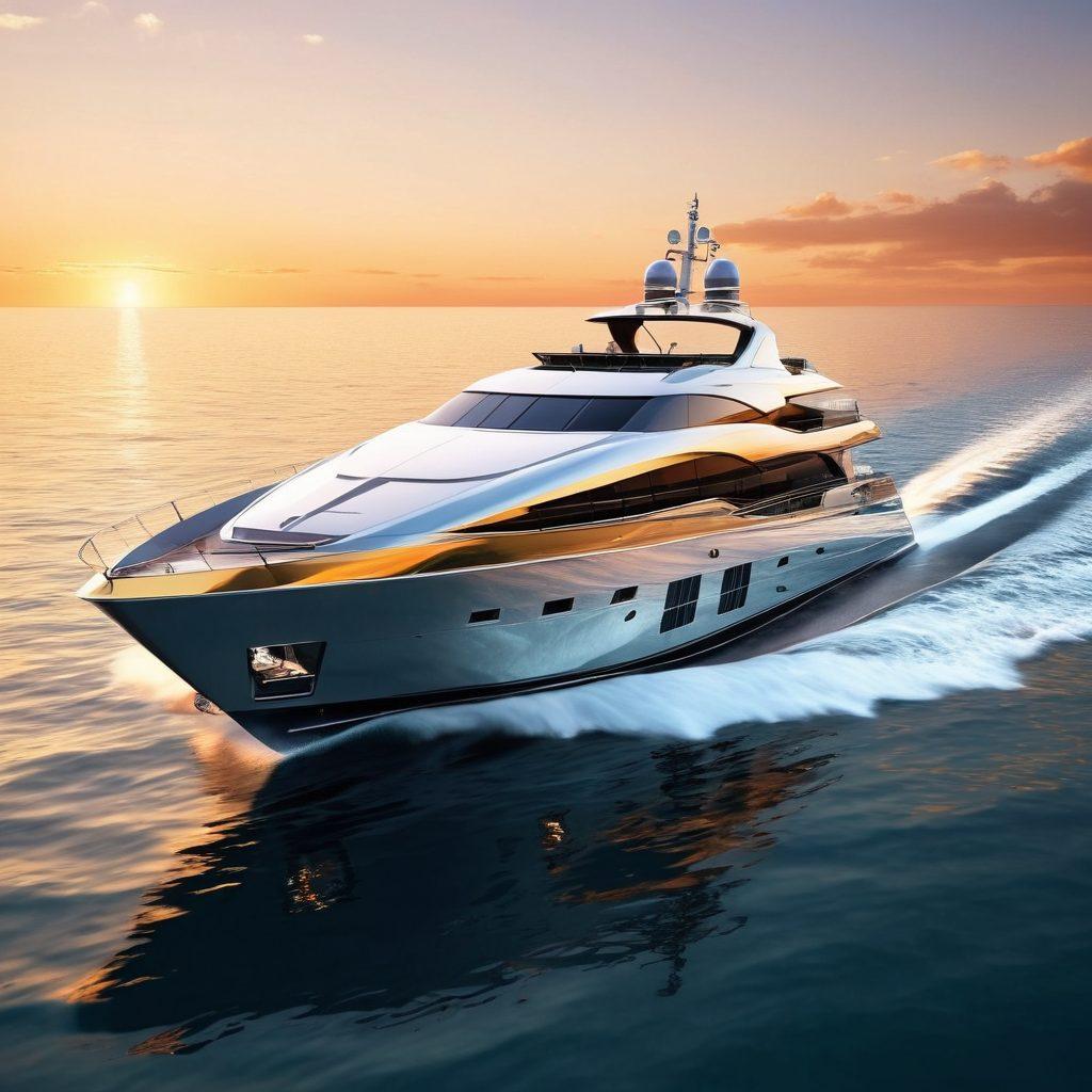 A stunning transition from a sleek pleasure craft smoothly morphing into an opulent luxury yacht, showcasing detailed elements like sails, shiny hulls, and luxury features. The background is a serene ocean with a picturesque sunset, reflecting vibrant colors on the water. Include subtle hints of nautical insurance elements like documents and shields integrated into waves. super-realistic. vibrant colors. ocean setting.