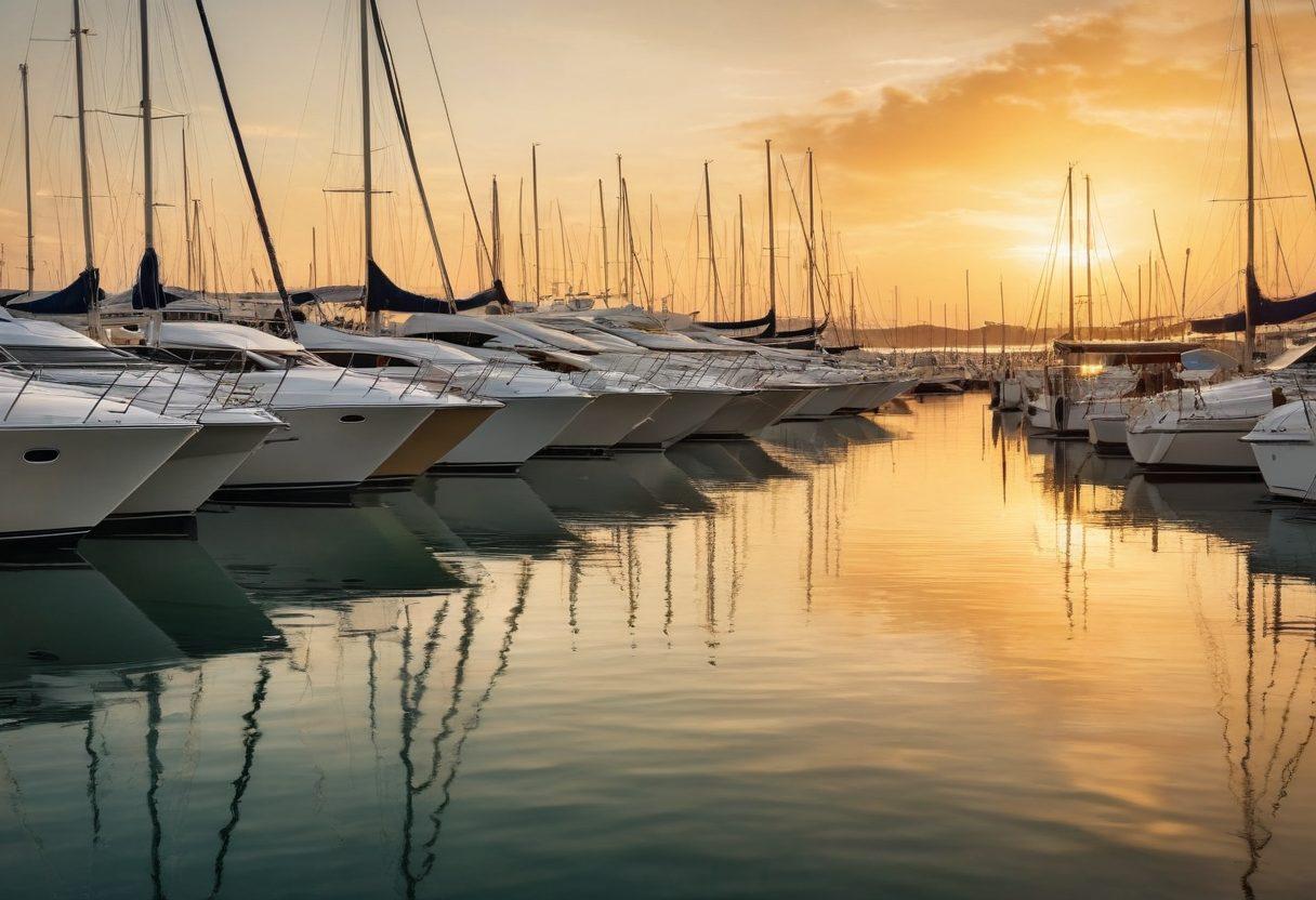 A serene marina scene showcasing a variety of luxurious yachts gently bobbing in the water. Include a close-up of a sailboat with protective covers and insurance documents floating nearby, symbolizing yacht protection. The background features a sunset over the ocean, casting warm golden hues on the water. Incorporate subtle visual elements like life jackets and maritime symbols to emphasize safety. vibrant colors. super-realistic.