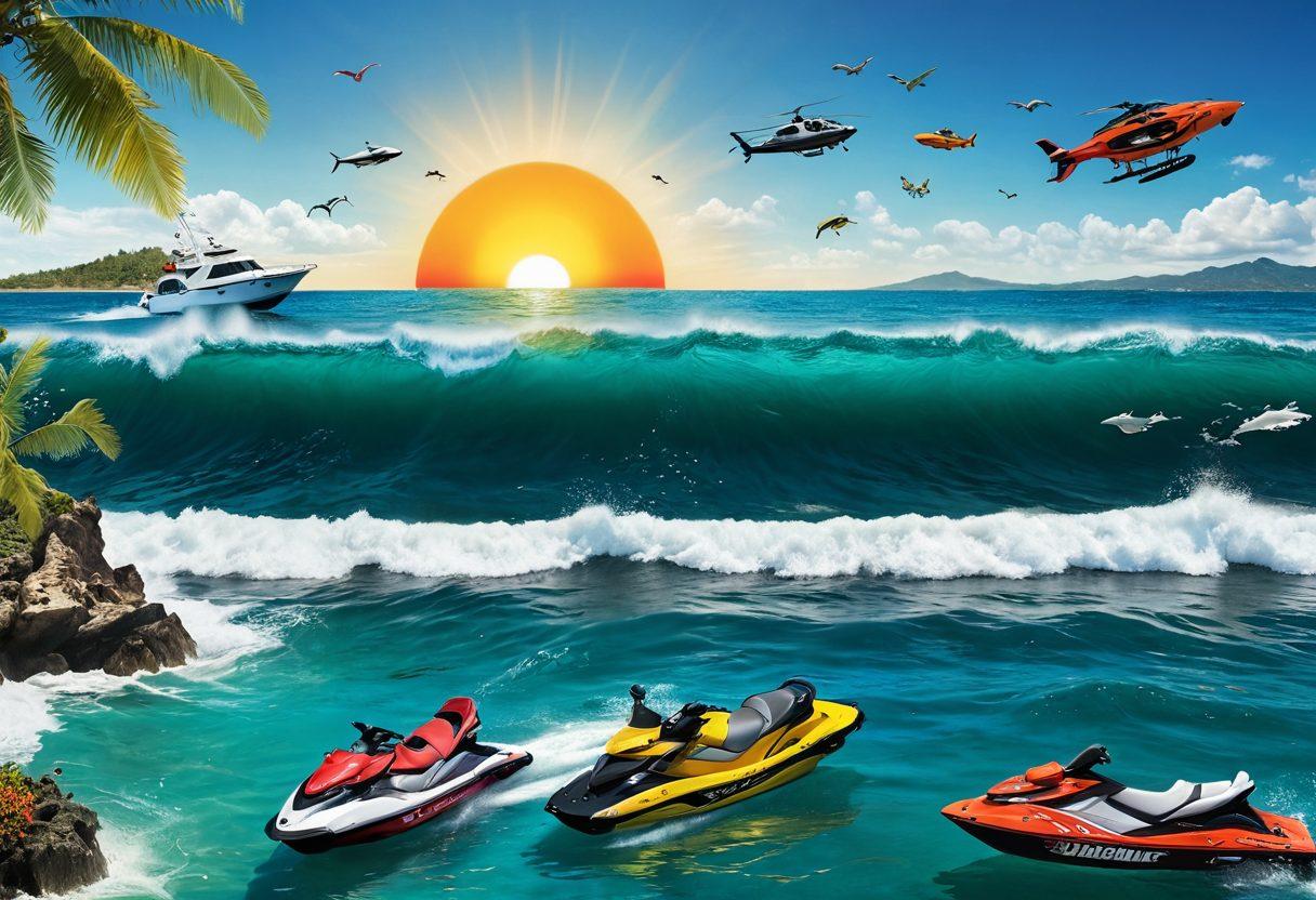 A scenic view of a vibrant ocean, showcasing different watercraft like boats and jet skis, alongside a chart overlay of various marine insurance options. Include whimsical sea creatures peeking out from the waves and a bright sun illuminating the scene. The image should convey a sense of adventure and safety. super-realistic. vibrant colors. white background.